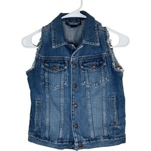 Lands End Boys Blue Denim Trucker Vest Frayed Sleeves Medium Wash Size‎ L 7